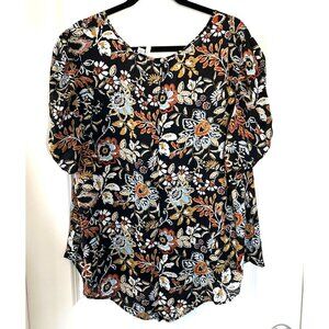 Floral Print Short-Sleeve Blouse XL Black Gold Blue Polyester